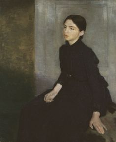 a painting of a woman in black dress sitting on a chair with her hand on the ground