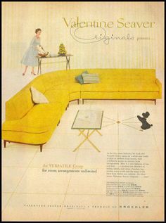 an advertisement for a yellow couch with a woman standing in the corner next to it