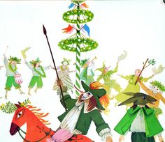 an old fashioned christmas card with elves riding horses