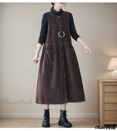 Olivia Mark - Vintage Stonewashed Corduroy Overall Dress - Solid Color, Single-Breasted, Sleeveless Jumpsuit Mark Vintage, Corduroy Overall, Strap Skirt, Corduroy Overall Dress, Sleeveless Jumper, Normal Clothes, Denim Overall Dress, Coffee Color, Color Cafe