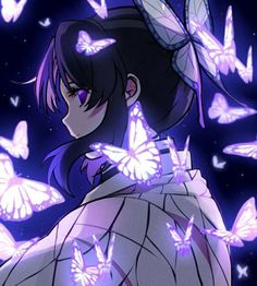 a woman with purple hair and butterflies around her shoulders, looking at the sky in front of her