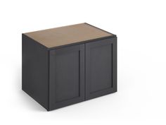 a black cabinet with two doors and a wooden top on an isolated white background,