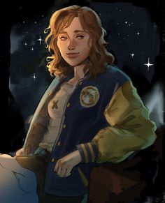 a drawing of a woman with long hair wearing a blue and yellow jacket, standing in front of the night sky