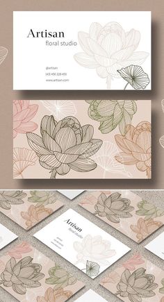 the business card is designed with flowers and leaves in pastel colors, on a beige background