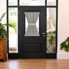 a black front door with glass panels and a plant in the corner next to it