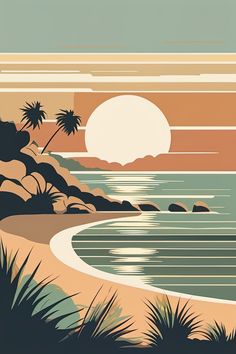 an image of a beach scene with palm trees and the sun in the sky above