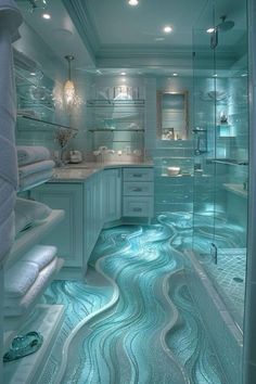 a bathroom with blue water flowing down the floor