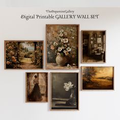 a bunch of paintings hanging on the wall with words above them that say digital printable gallery wall set