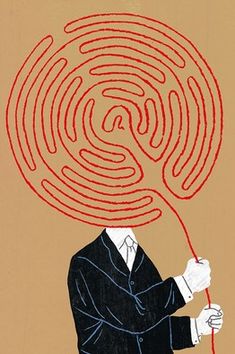 a drawing of a man holding a red rope in front of a maze