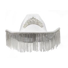 Rhinestone cowboy hat with details of sparkling hanging fringe around brim and tiara decal to top it off. Colors: Black Pink White Cowgirl Sparkle Outfit, White Cowgirl Hat With Rhinestones, White Sparkly Cowboy Hat, Western Silver Hat With Rhinestones, Pink Rhinestone Cowboy Hat, Black Bride Wedding, Pink Rhinestone Cowgirl Hat, Tiara Decal, Rhinestone Cowboy Hat