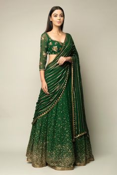 Shop for Prevasu Green Georgette Zardozi Embroidered Lehenga Set for Women Online at Aza Fashions Indian Wedding Dress Traditional, Indian Outfits Lehenga, Green Lehenga, Red Lehenga, Indian Wedding Wear, Indian Bridal Outfits, Dress Indian Style, Indian Wedding Outfits, Lehenga Designs