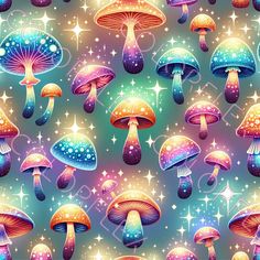 many colorful mushrooms and stars on a blue background with white sparkles in the sky