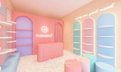 the interior of a pink and blue store