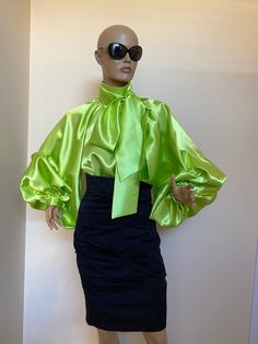 "Amazing and extravagant satin blouse with stand up collar and removable bow tie .Rich puffy sleeves. Elegant and extravagant, perfect for your special occasions. SIZE S - US 6, UK 8, EU 36 bust: bust around 34.5\"/90cm Waist: waist around 27.5\"/70cm Hips: hips around 34.5\"/90cm SIZE M - US 8, UK 10, EU 38 bust: bust around 37.5\"/95cm Waist: waist around 29.5\"/75cm Hips: hips around 37.5\"/95cm SIZE L - US 10, UK 12, EU 40 bust: bust around 39.5\"/100cm Waist: waist around 31.5\"/80cm Hips: Green Satin Blouse, Steampunk Blouse, Tartan Suit, Blouse Satin, Victorian Blouse, Satin Bluse, White Cotton Blouse, Awesome Blouse, Sleeves Blouse