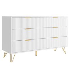 a white dresser with gold handles and drawers on the bottom, in front of a white background