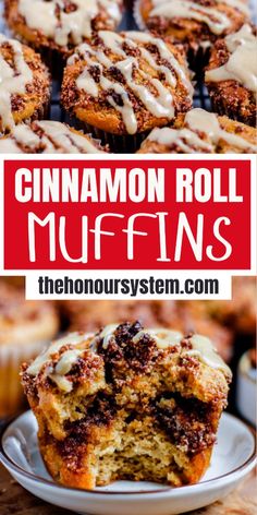 cinnamon roll muffins with icing on top and the title above it reads, cinnamon roll muffins