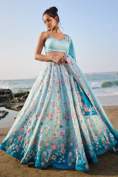 Blue floral printed georgette lehenga set for women Floral Lehngas, Blue Floral Lehenga, Flare Lehenga, Pastel Lehenga, Indian Fits, Print Lehenga, Simple Lehenga, Floral Lehenga, Wedding Lehenga Designs