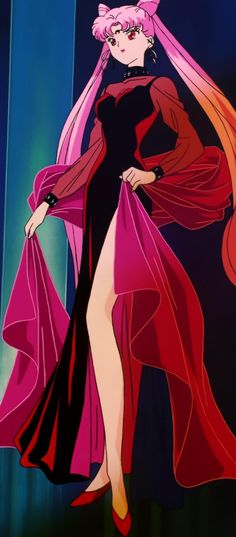 an anime character with pink hair and black dress