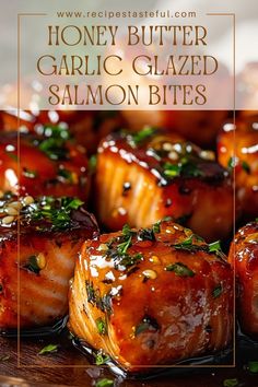 honey butter garlic glazed salmon bites on a plate