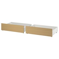 two white and oak drawers with one drawer open