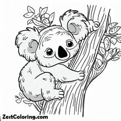 a koala bear sitting on top of a tree branch with leaves and flowers around it