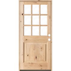 a wooden door with glass panels on the top and bottom panel, against a white background