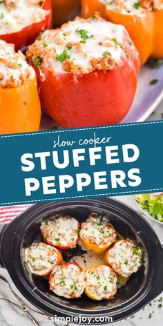 stuffed peppers on a plate with text overlay