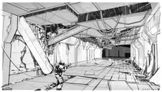 a black and white drawing of a room with lots of wires hanging from the ceiling