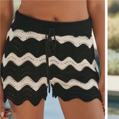 New Without Tags !!Beach Riots Shorts Knit Crochet Fabric With Scallop Hem. Crochet Black And White, Crochet Black, Black And White Shorts, Crochet Fabric, Scallop Hem, Beach Riot, Woman Beach, Scalloped Hem, Knit Crochet