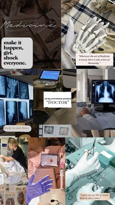 a collage of images with doctors and medical equipment in them, including gloves, hands, laptops, monitors, etc