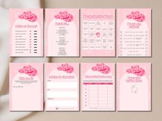 a set of six pink baby shower checklist cards with flowers and hearts on them