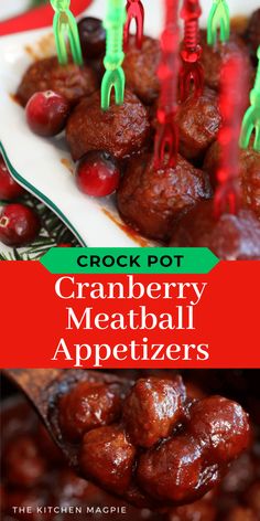 cranberry meatball appetizers on a white plate with red and green forks