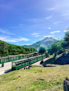 a green train traveling down tracks next to a lush green forest covered hillside under a blue sky