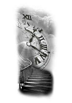 a clock with roman numerals is on the side of a stair case in black and white