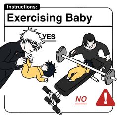 instructions for exercising baby versus no to exercise with dumbbells and pushups, illustrated in cartoon style