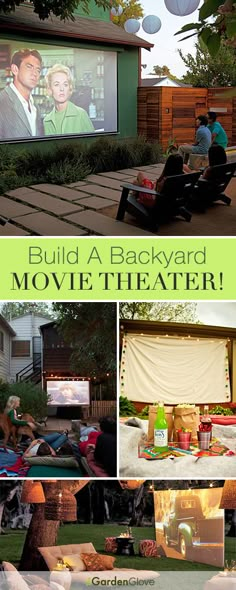 the backyard movie theater is set up in front of a house with people sitting on lawn chairs