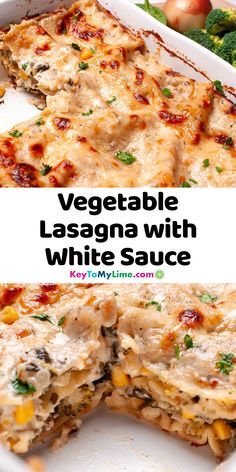 vegetable lasagna with white sauce in a casserole dish on a plate