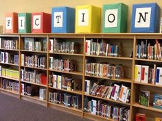 the bookshelves are filled with different types of books and letters that spell out fiction