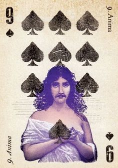 an image of a woman in the middle of playing cards with spades on her chest