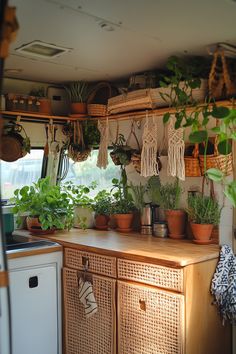 a kitchen filled with lots of potted plants and wicker baskets hanging from the ceiling