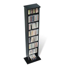 a tall black bookcase with many dvds on it