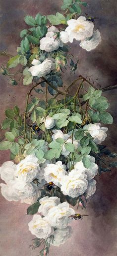 a painting of white roses with green leaves