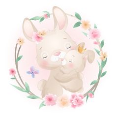 a couple of rabbits hugging each other with flowers around them