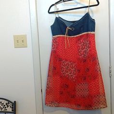 Denim Upper, Spaghetti Straps, Sheer Pattern Over Red Slip Dress