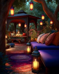 a purple couch sitting under a tree next to a gazebo filled with lit candles