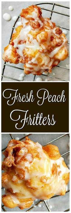 fresh peach fritters on a cooling rack with the words, fresh peach fritters