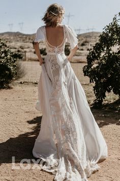 13510 - V Neckline Backless Lace Chiffon Bohemian Wedding Dress – Laxag The Scarlett Letter, Crepe Wedding Dress, Dress Sleeve Length, Bohemian Wedding Dress, Lace Chiffon, Lace Dress With Sleeves, Wedding Dress Inspiration, Lace Maxi Dress, V Neckline