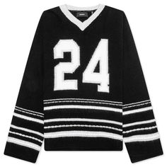 The Black Long Sleeve Knit Hockey Jersey is made from a blend of extra fine merino wool, cashmere, and rayon viscose. This jersey features long sleeves, dropped shoulders, and an oversized fit. The Nahmias 24 motif is prominently displayed on the front and back. 41% extra fine merino wool 17% cashmere 42% rayon viscose Long sleeve / dropped shoulders Oversized fit Nahmias / 24 motif on front & back Style No: KW22-S10G37-001 Jersey Sweater, Nike Tank, 1017 Alyx 9sm, Hockey Jersey, Clean Shoes, A Bathing Ape, Jordan 1 Retro High, Jordan 1 Retro, Long Sleeve Knit