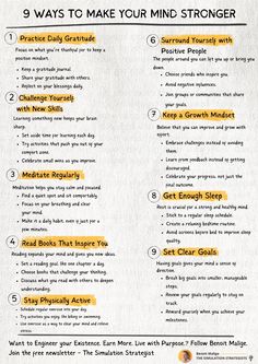 the 9 ways to make your mind stronger info sheet is shown in yellow and black