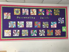 a bulletin board that has been decorated with colorful images and words on it, along with the words personality swirls